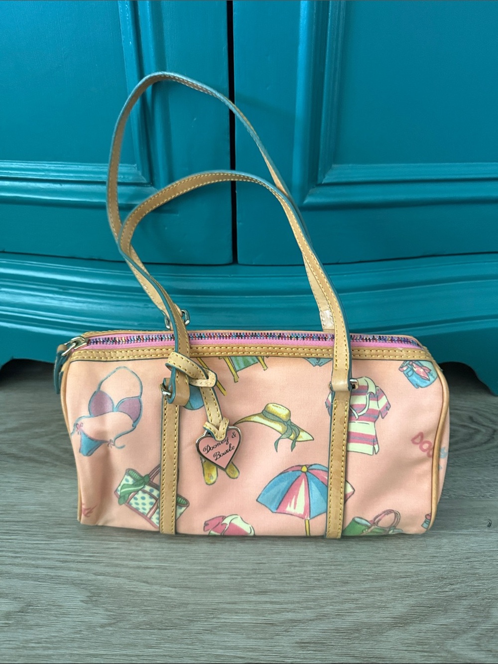 Dooney & Bourke Pink Beach Print Barrel Bag with Tan Straps